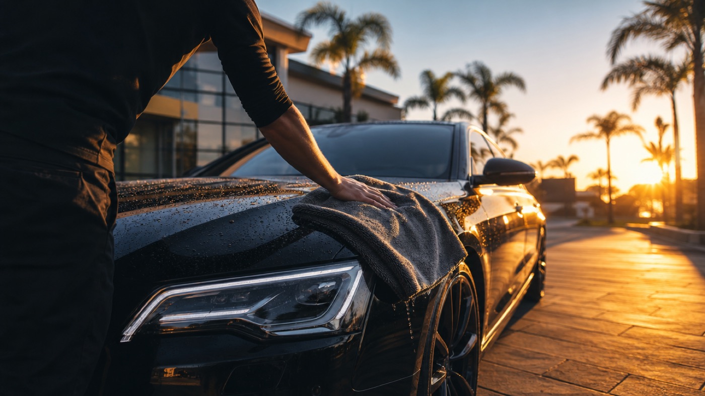 Concept imagery of a technician hand-washing a vehicle on-site at golden hour