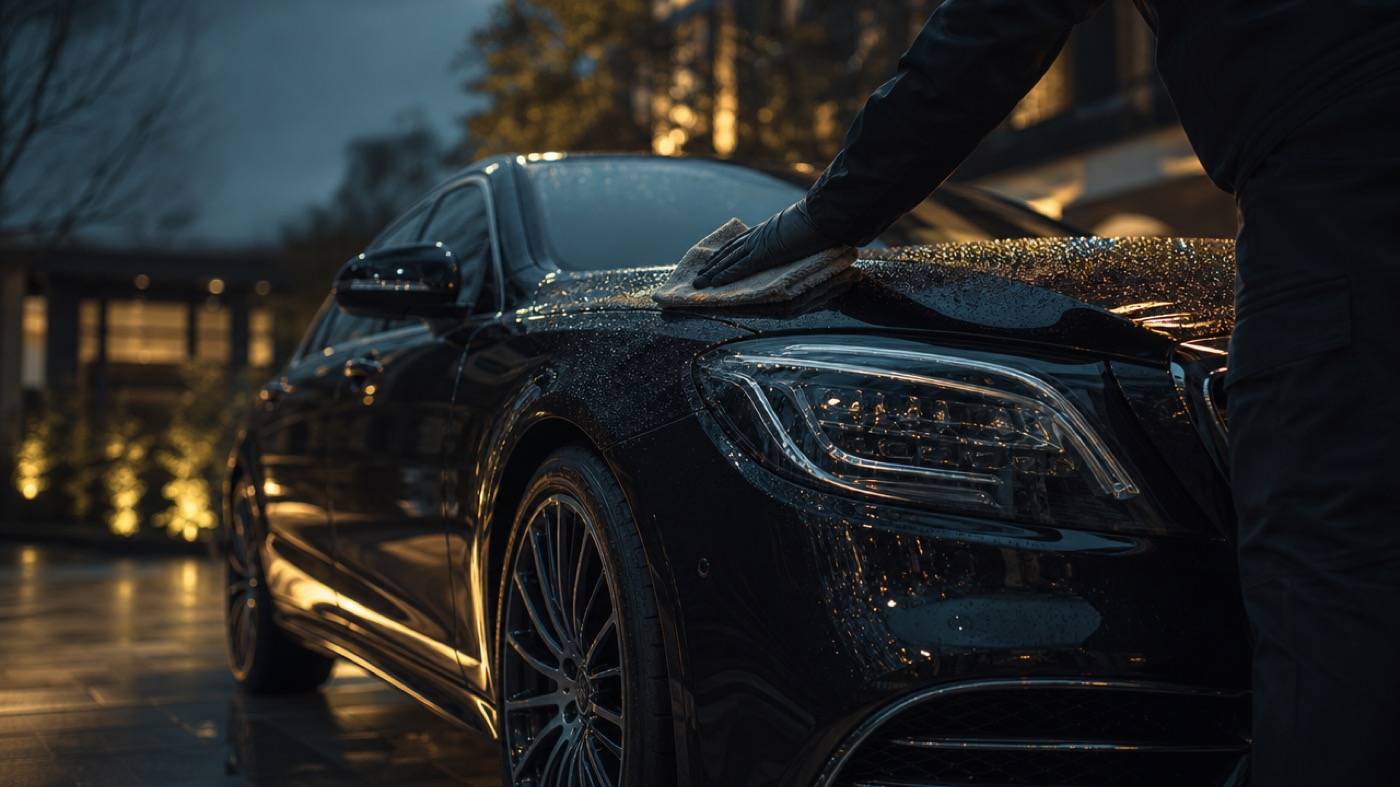 Concept imagery of a close contact hand wash on a vehicle hood
