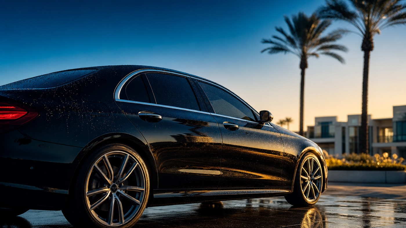 Concept imagery of a freshly washed vehicle parked at an apartment community with palm trees