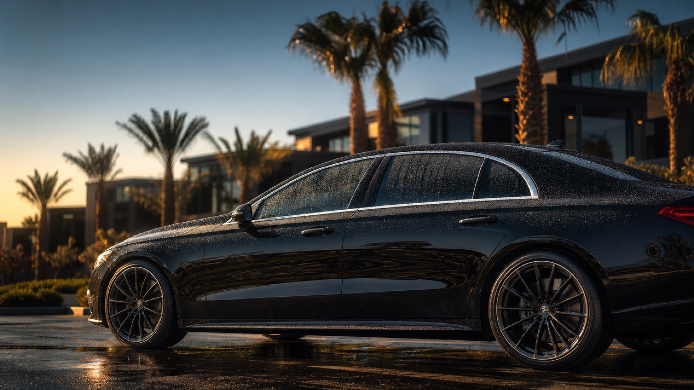 Concept imagery of a freshly washed vehicle parked at an apartment community with landscaped grounds