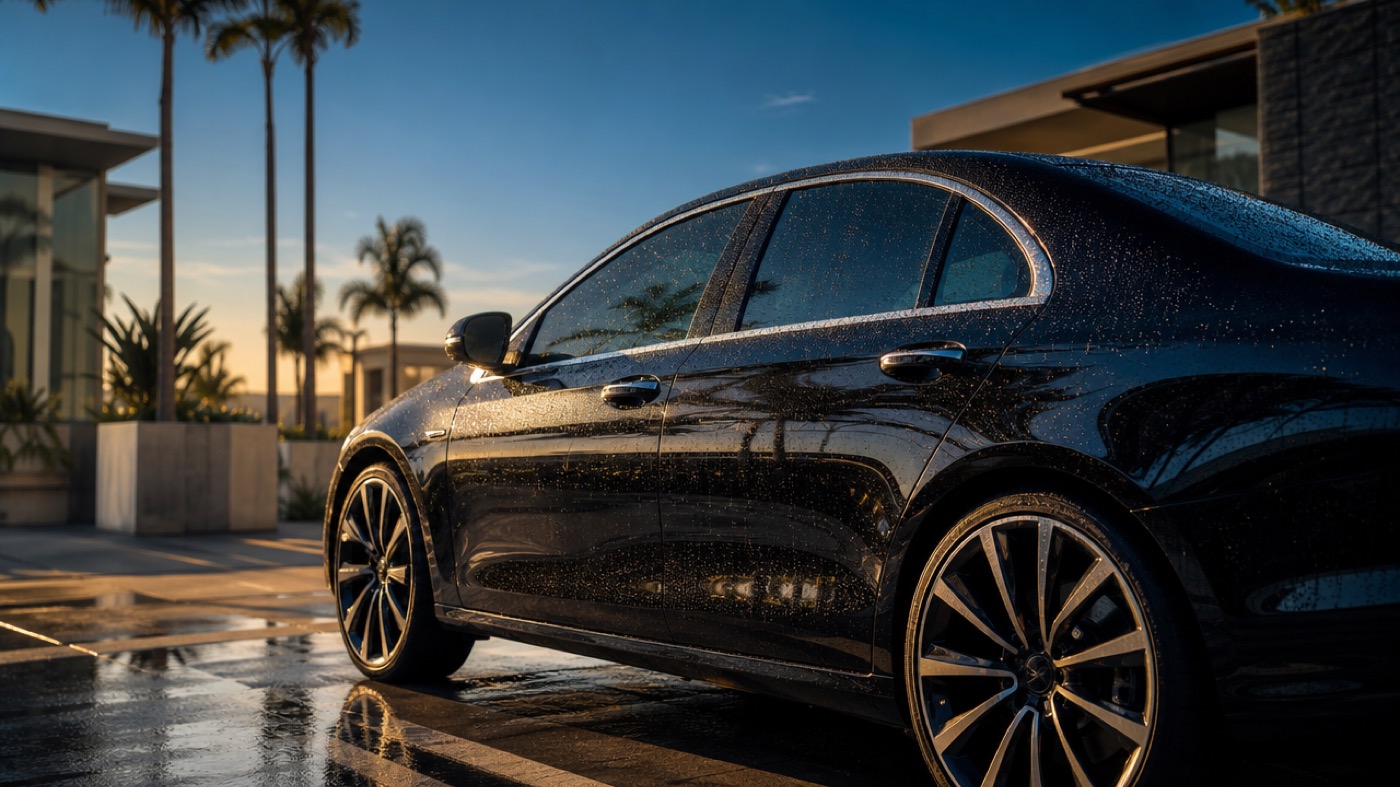 Concept imagery of a freshly washed vehicle parked at an apartment community at golden hour