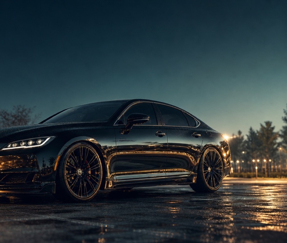 Concept imagery of a freshly washed vehicle's side profile and wheel detail